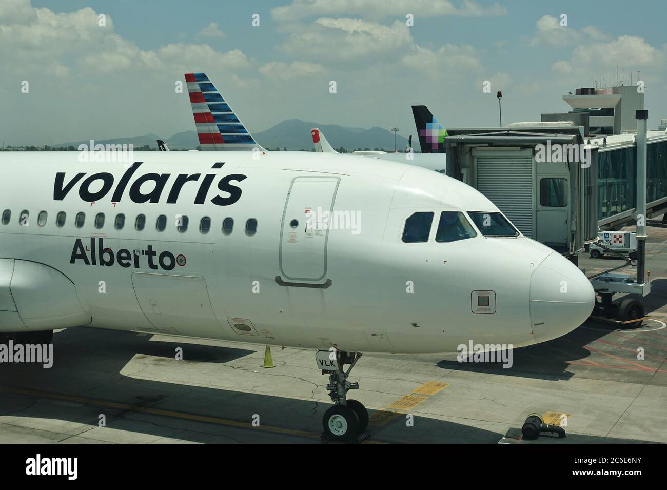 GUADALAJARA, MEXICO 4 JUL 2020 View of a plane from Mexican lowcost