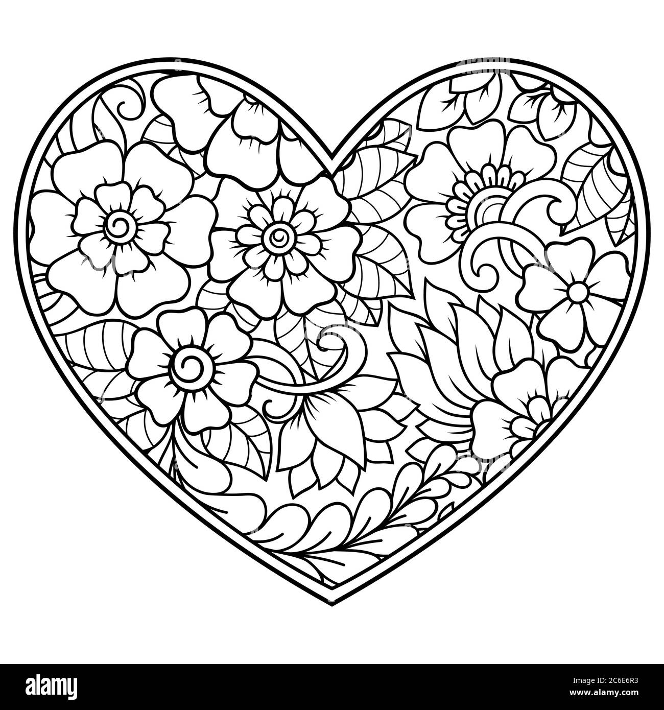 Mehndi flower pattern in form of heart for Henna drawing and tattoo. Decoration in ethnic oriental, Indian style. Coloring book page. Stock Vector