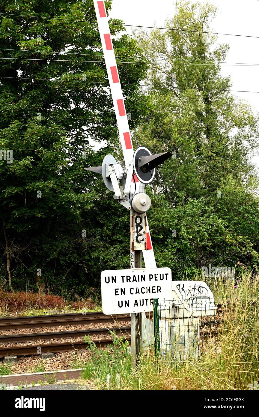 Automatic railroad crossing with trees in the background Stock Photo