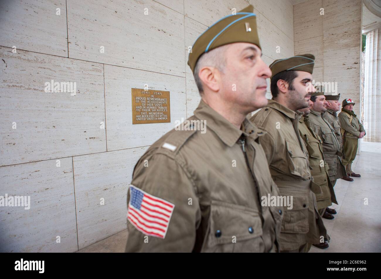 Nettuno, Rome Italy: Sicily-Rome American Cemetery, 73rd Anniversary of the landing of Anzio in 1944. Figures are wearing U.S. Army uniforms. © Andrea Stock Photo