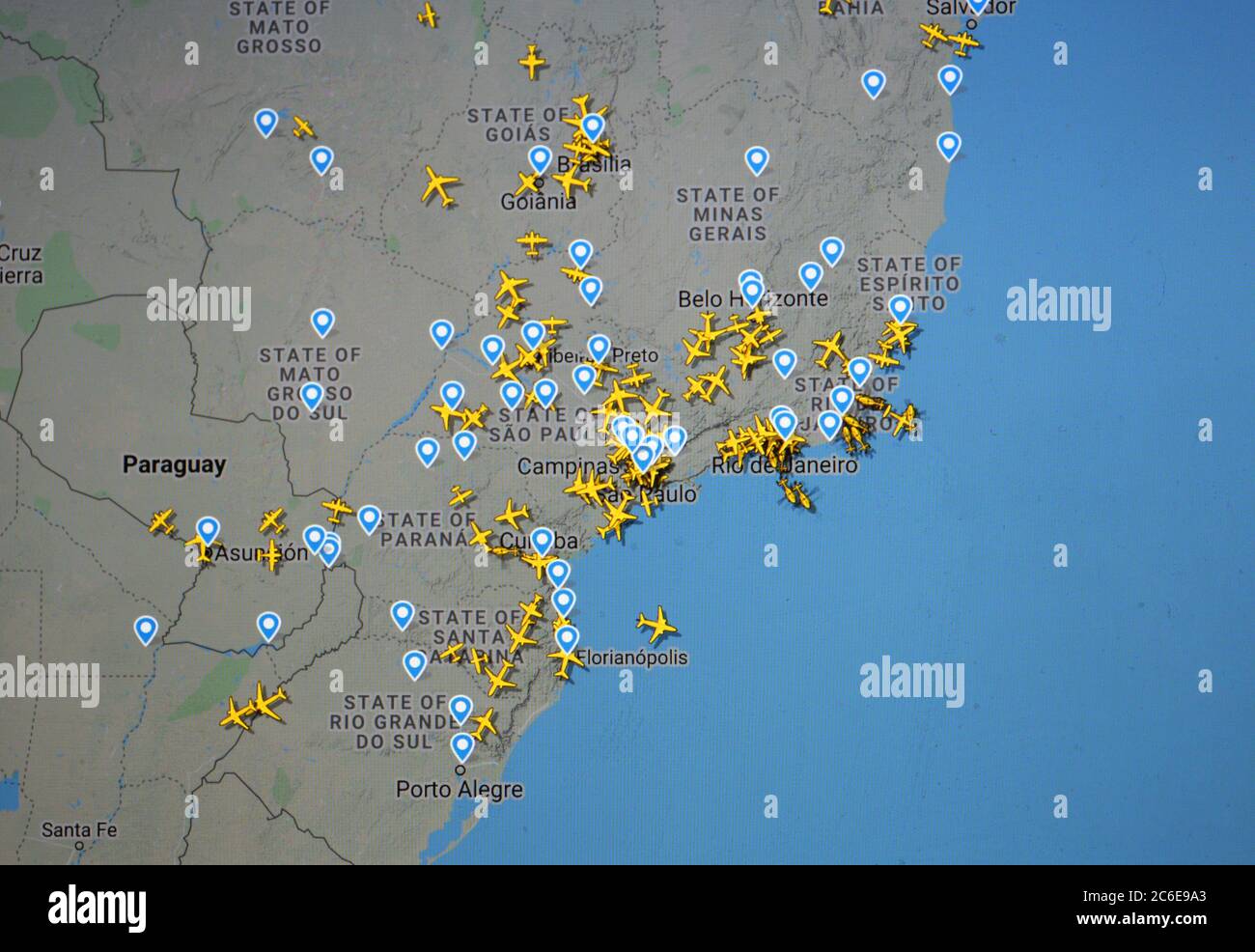 air traffic over Paraguay and Brazil (09 july, 2020, UTC 12.03)  on internet site of Flightradar 24 by Svenska Resenätverket AB Stock Photo