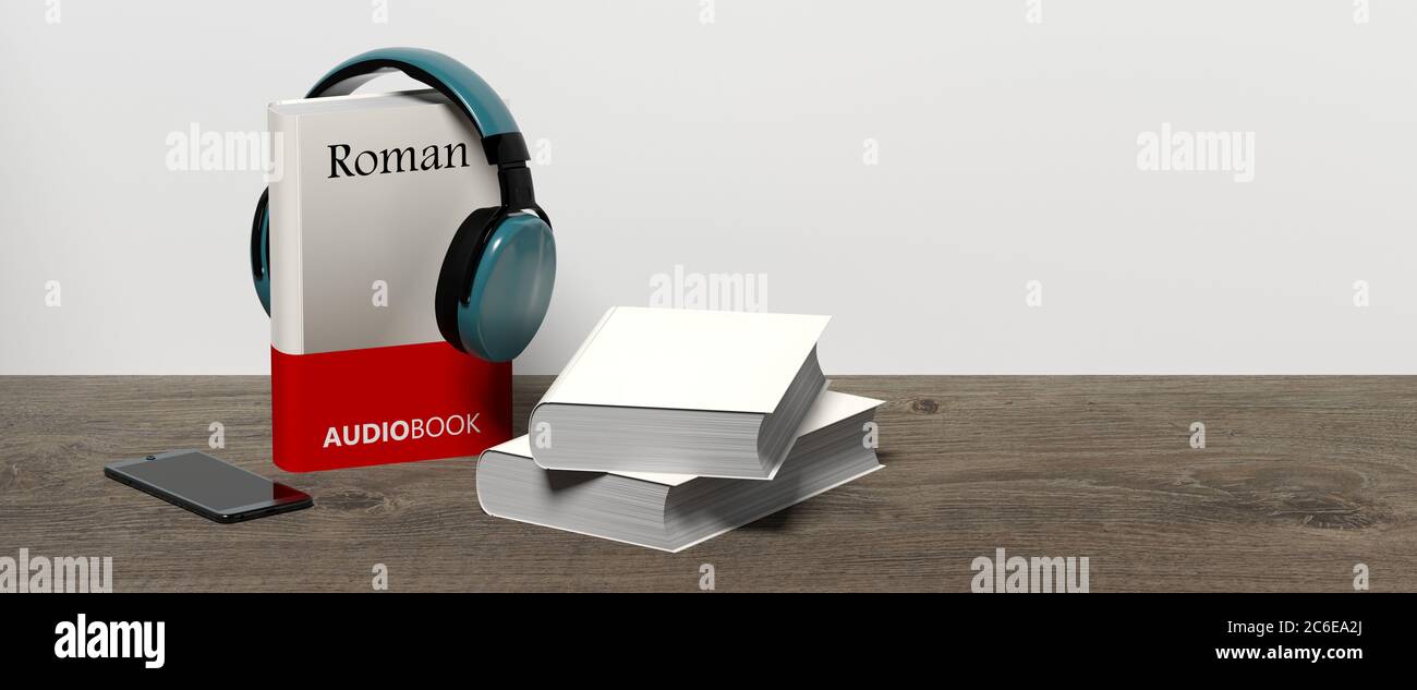 audiobook on wooden background with headphone and smartphone 3D rendering Stock Photo