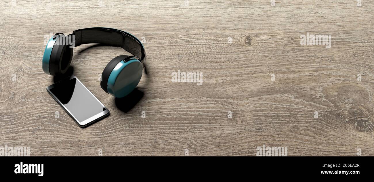 smartphone with bluetooth headphone on wooden desk - 3D rendering Stock Photo
