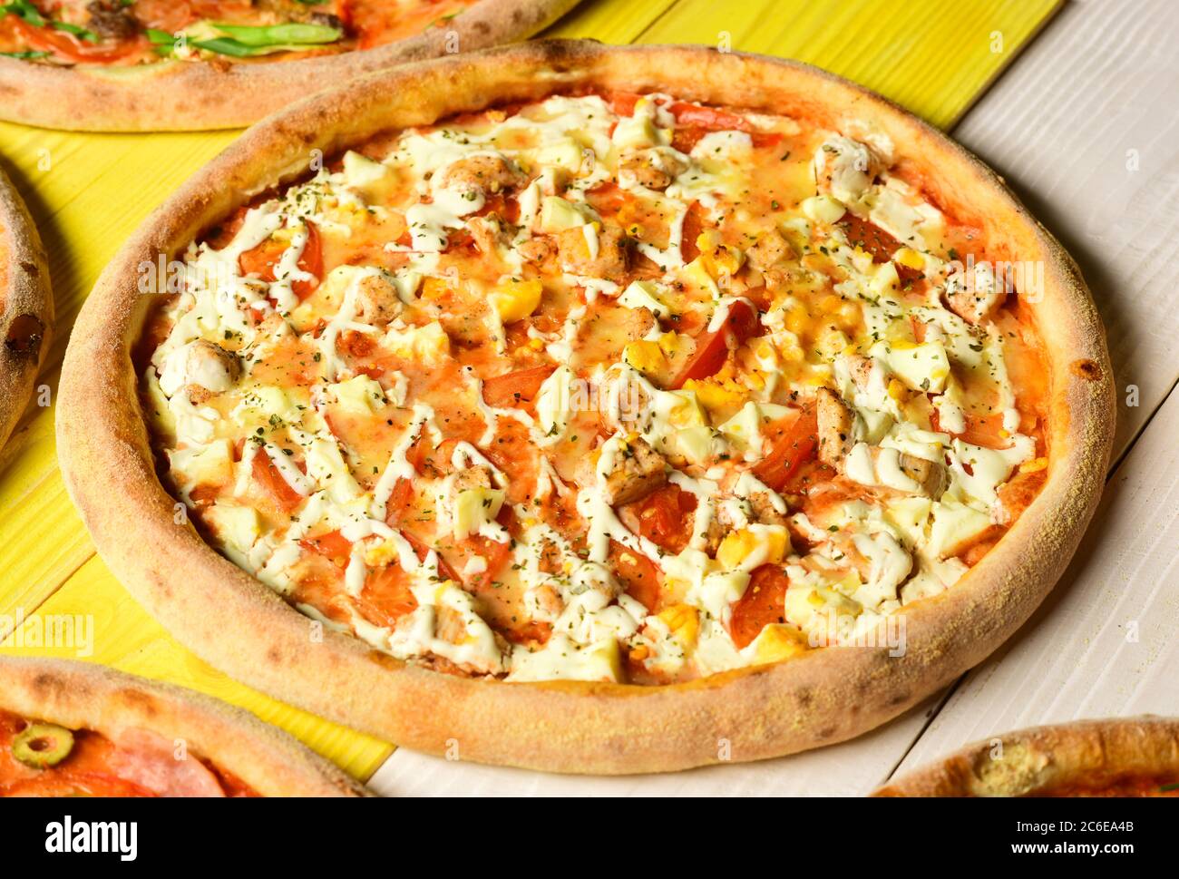 Italian pizza and pizzeria concept. Take away food with various