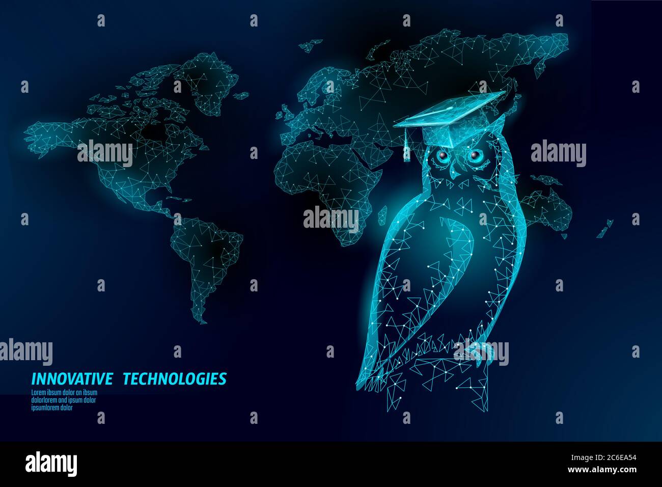 Owl bird symbol of wise education. E-learning distance concept. Graduate certificate international global program concept. Low poly 3D internet Stock Vector