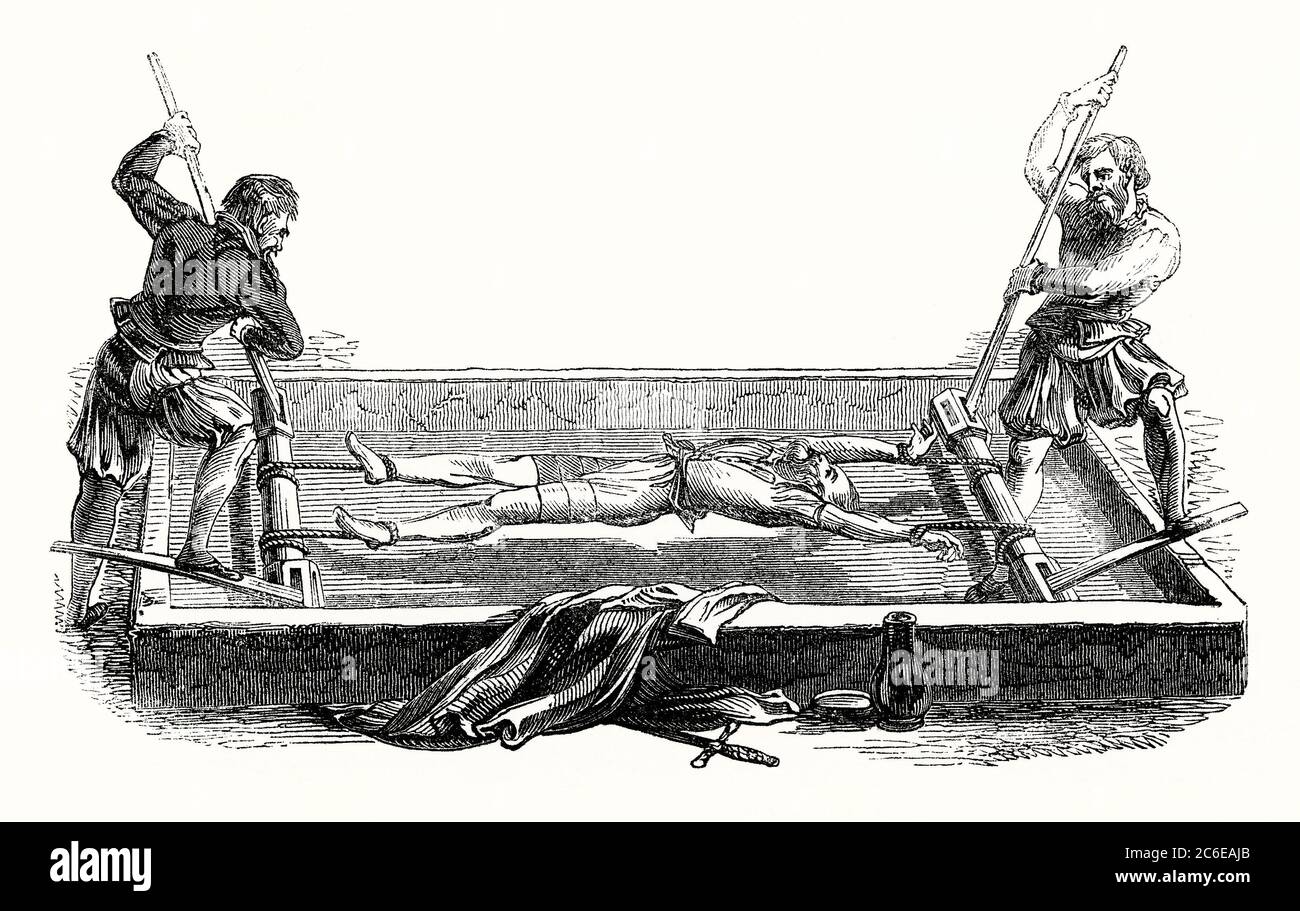 An old engraving showing the use of 'The Rack' for torture during the  Middle Ages – it was first used in Britain around 1450. The rack is a  torture device consisting of