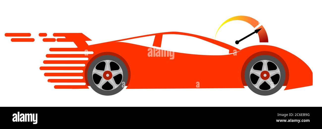 Concept of fast delivery. Red speed car and speedometer. Logo design template for speedy delivery or faster taxi company. Vector illustration. Stock Vector
