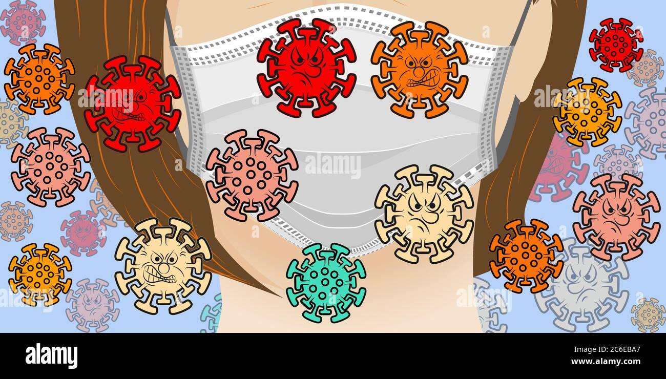Part of a female face in a mask surrounded by malicious viruses. Vector illustration Stock Vector