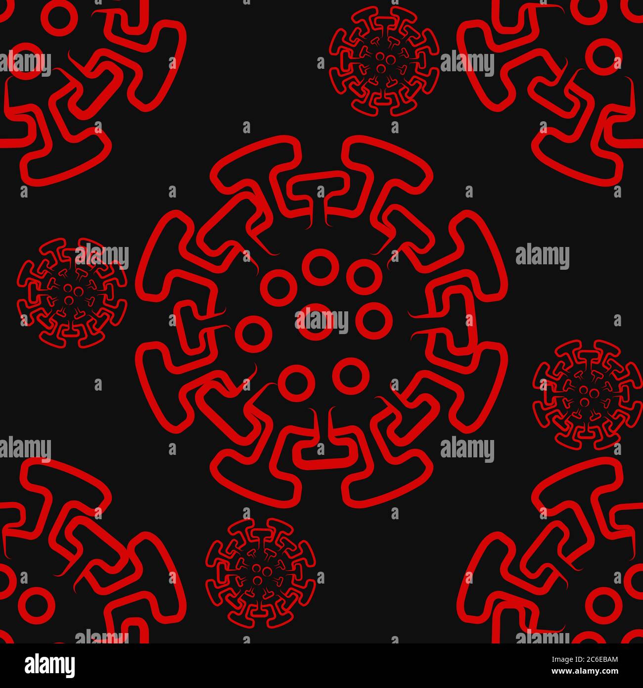 Illustrations concept coronavirus COVID-19. Coronavirus seamless pattern. Red virus on a black background. Vector illustration Stock Vector