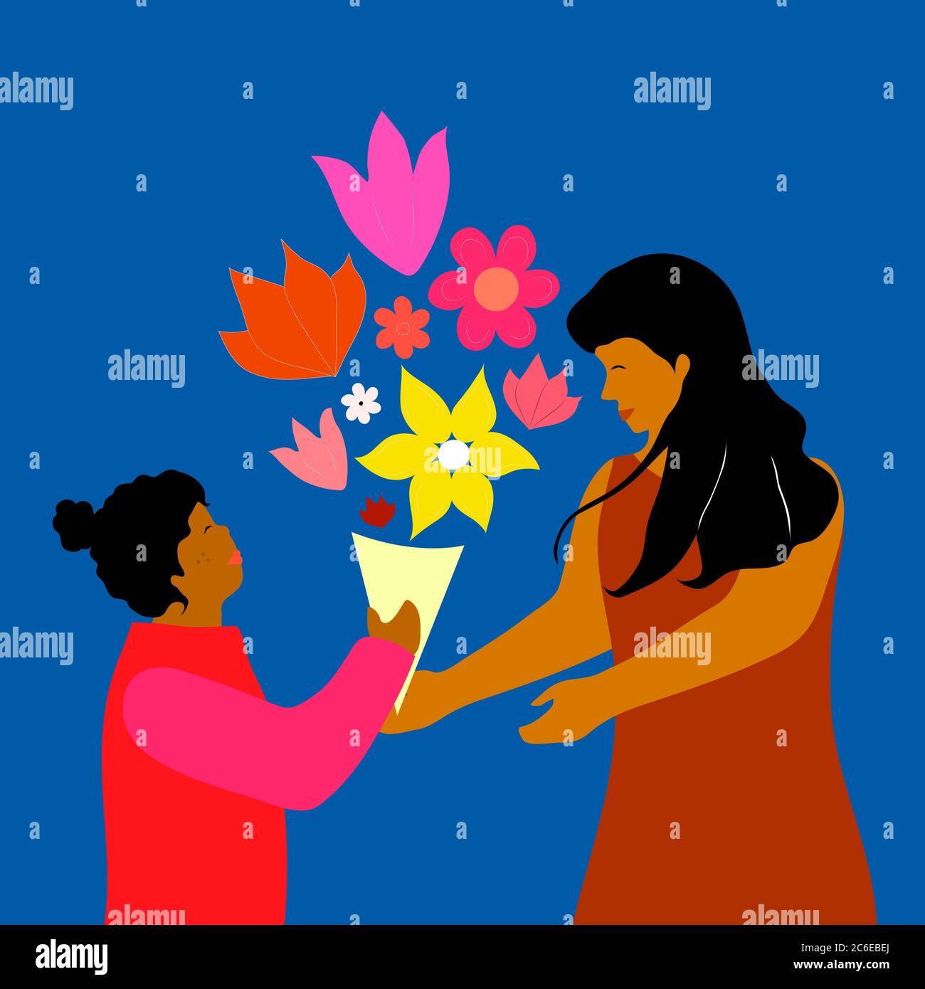 Floral mother's day illustration with mother and daughter. Illustrations for a cute cover, poster, banner or card for the holiday moms. Stock Vector