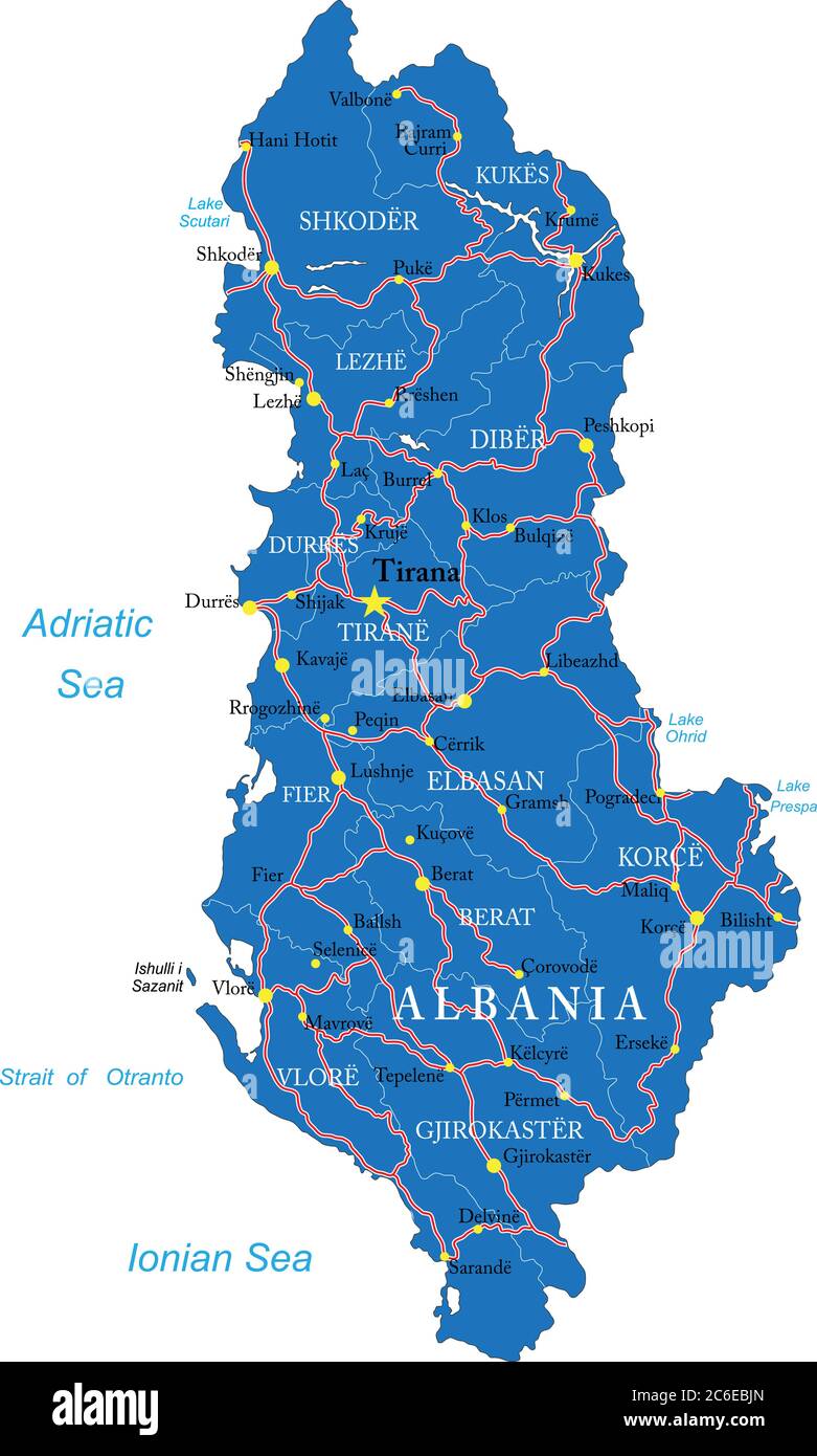 Highly detailed vector map of Albania  with administrative regions, main cities and roads. Stock Vector