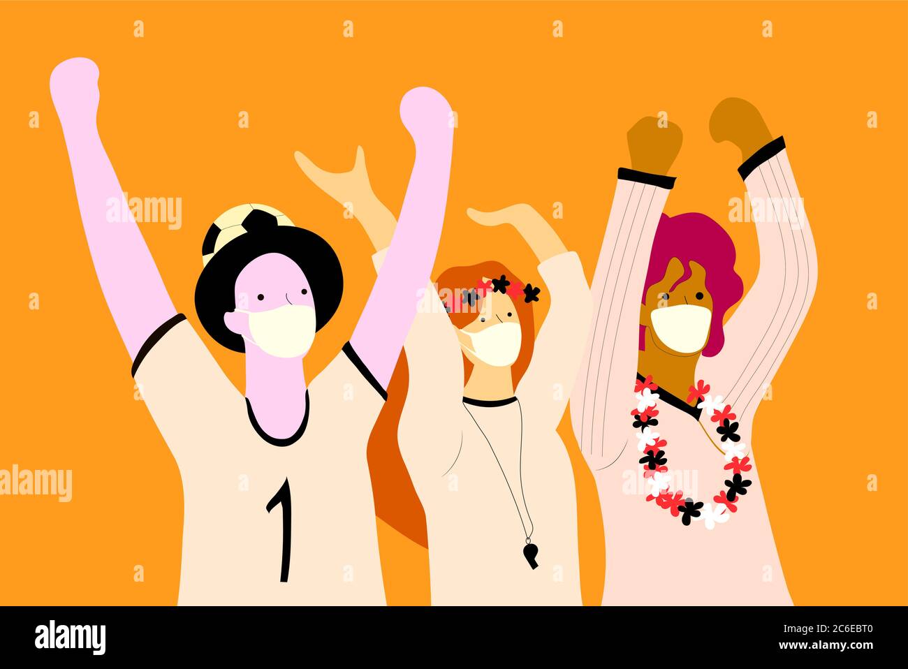 3 football fans wearing masks and cheering for the team. Safety measures. (Covid19