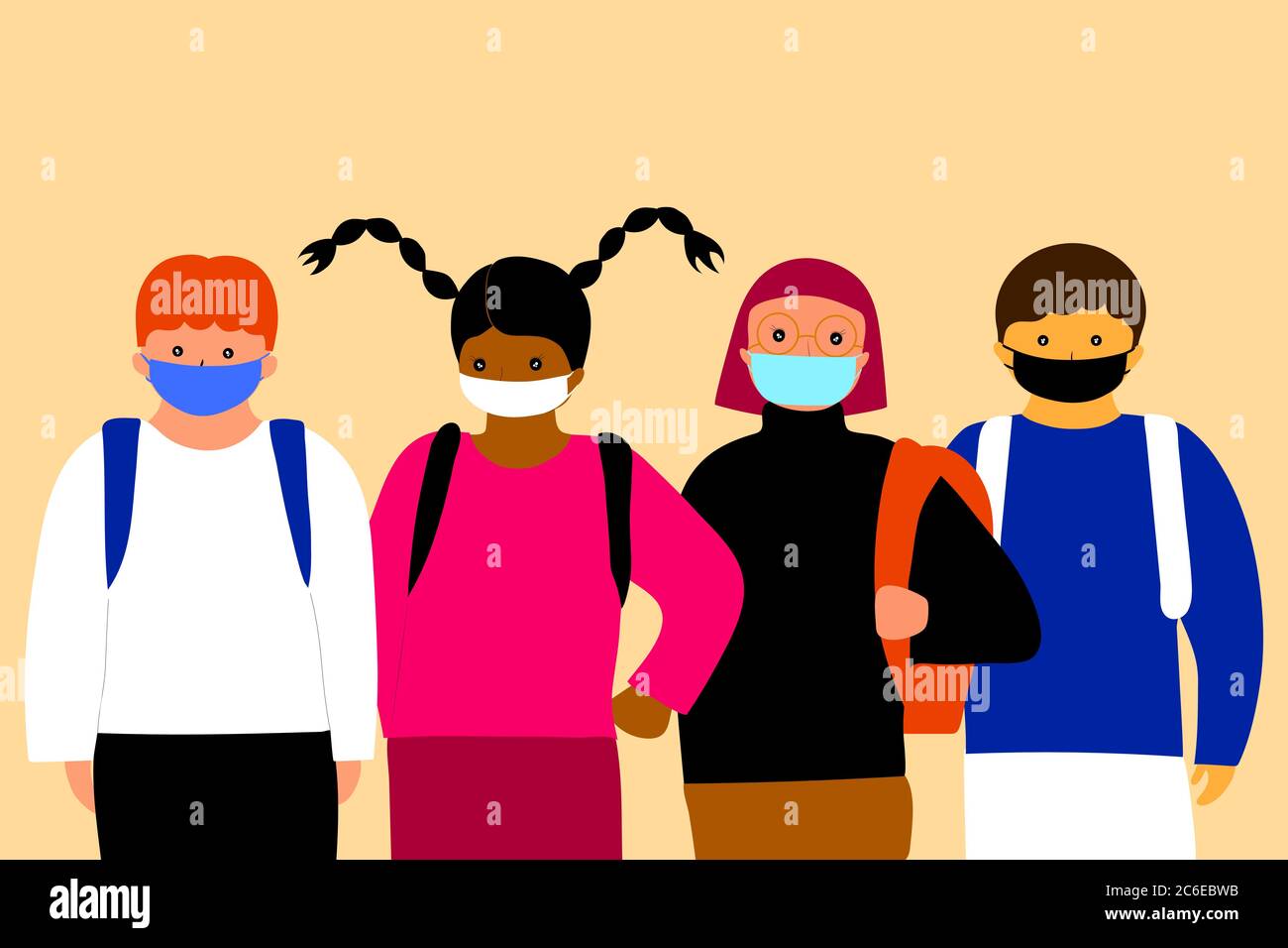 Children wearing masks and going to school. Children's first epidemic experience. For safety reasons (Covid-19 or coronavirus). Stock Vector