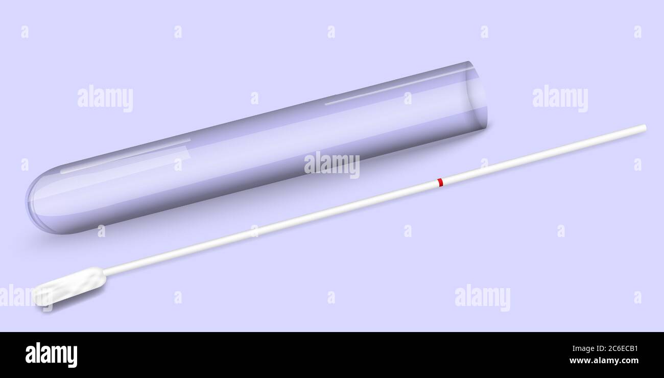 Empty test tube and swab Sample.Test result for Covid 19 virus. Realistic Isolated on a white background. Vector illustration. Stock Vector