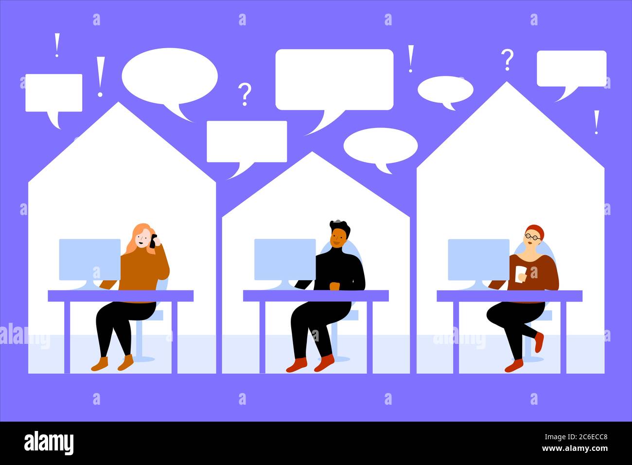 Working safely at home with colleagues. Social distancing. Home office. Coronavirus or COVID-19 Prevention concept. Vector illustration. Stock Vector