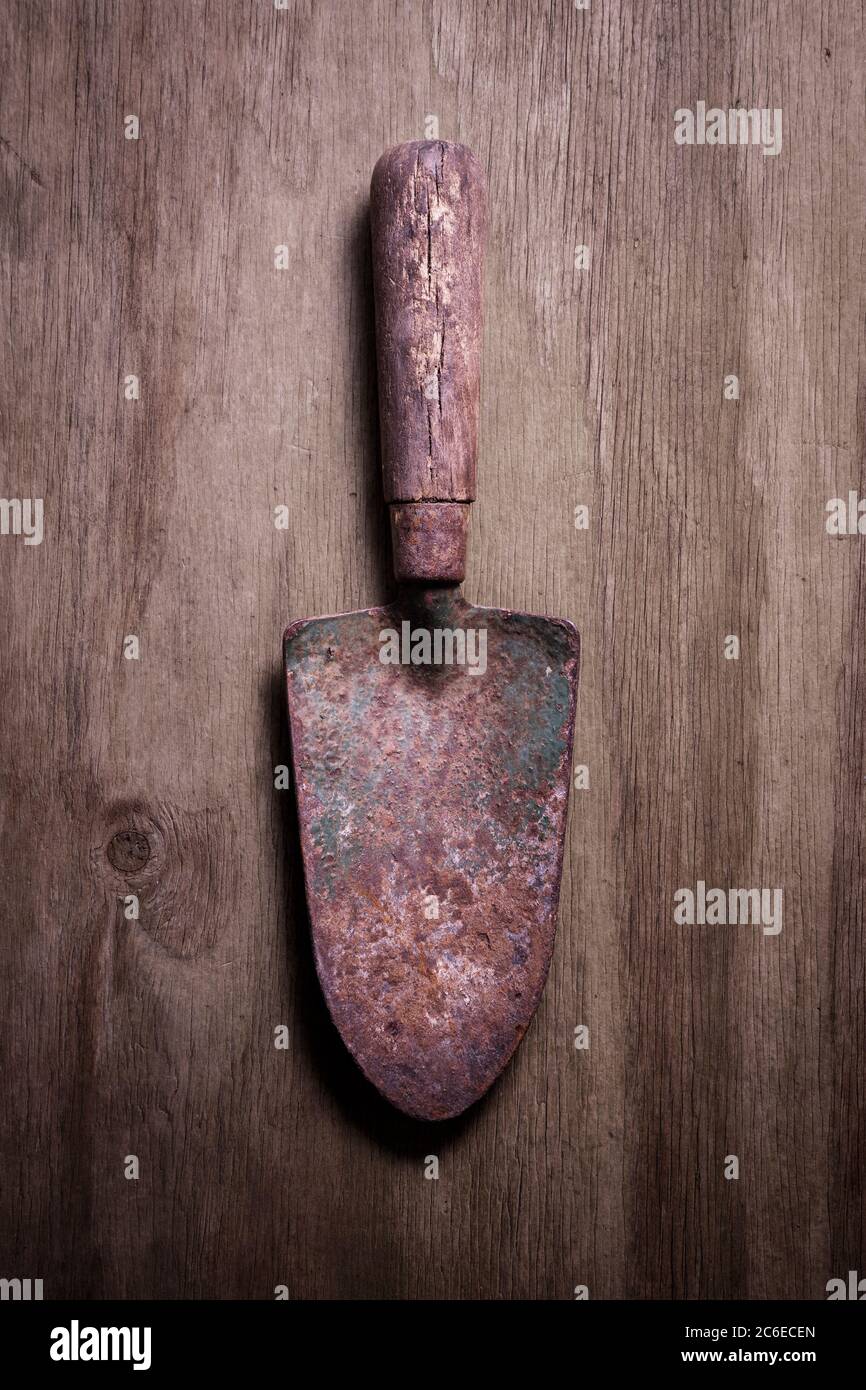 Old Trowel On Wooden Background Stock Photo