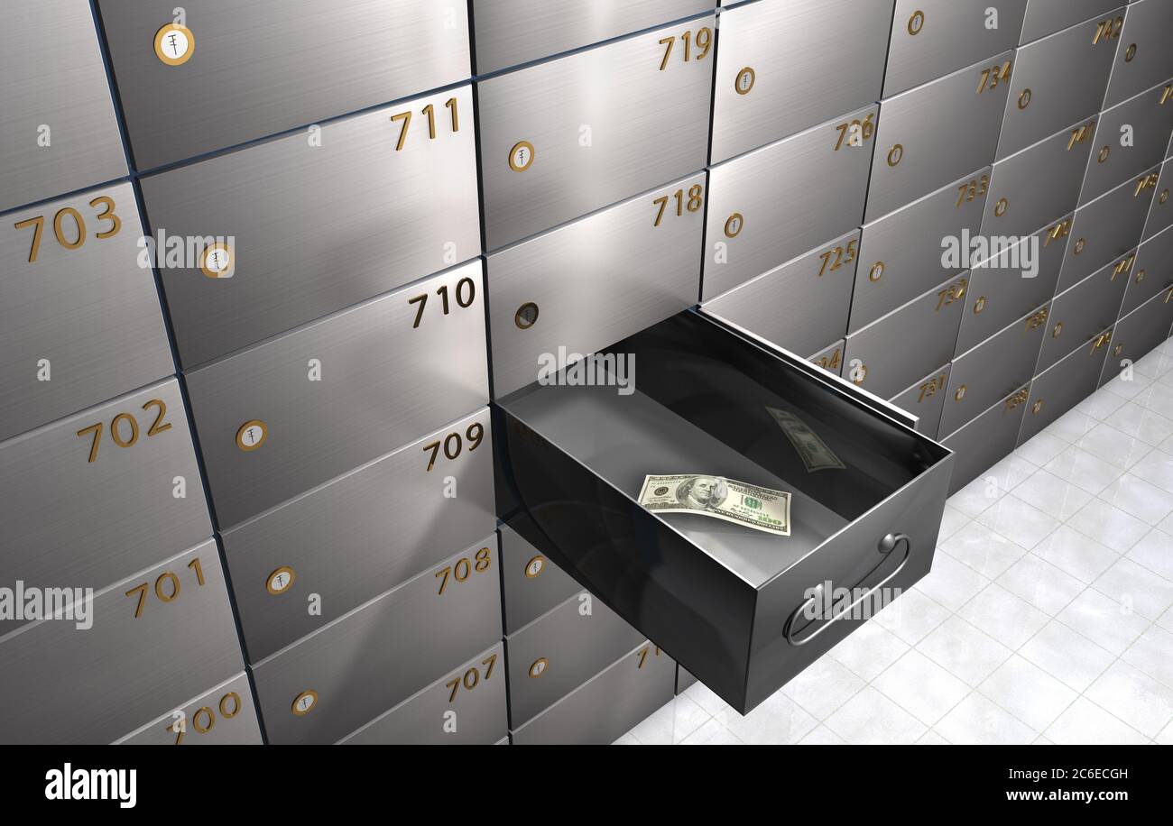 3D rendering of an empty Safety deposit box with only one bill left representing the concept of economic crisis. Stock Photo
