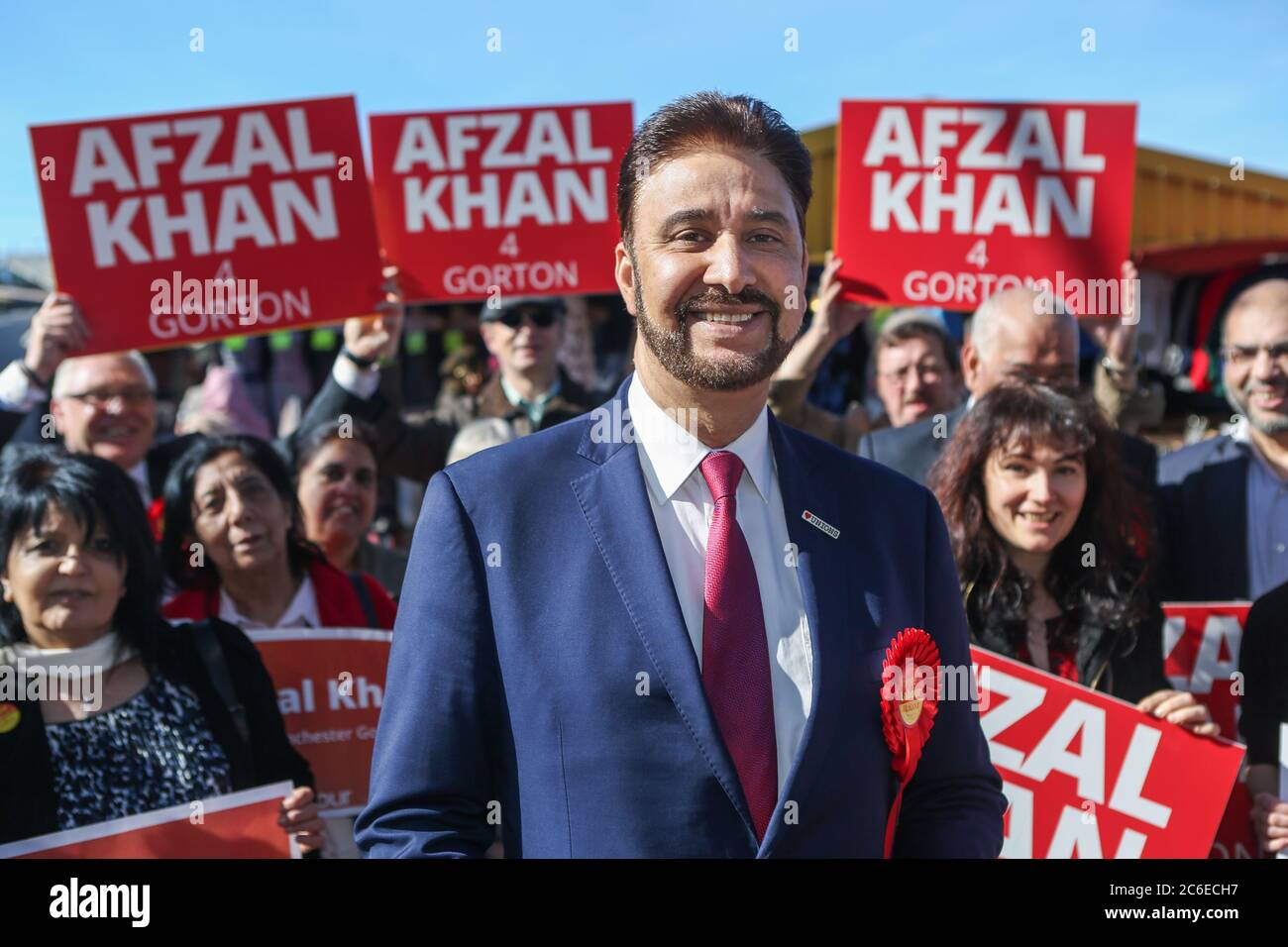 Afzal Khan, Labour's candidate in the Manchester Gorton by-election, launches his campaign at Longsight Market in Manchester. The by-election was trig Stock Photo