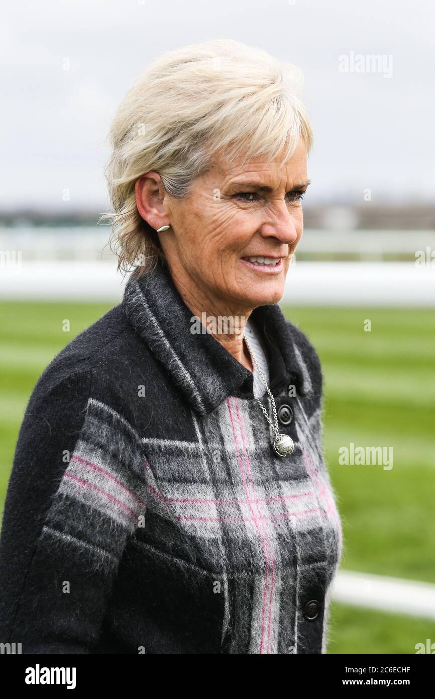 Judy Murray, mother of tennis player Andy Murray, walks the course on Ladies Day at the Grand National 2016 at Aintree Racecourse near Liverpool. Stock Photo
