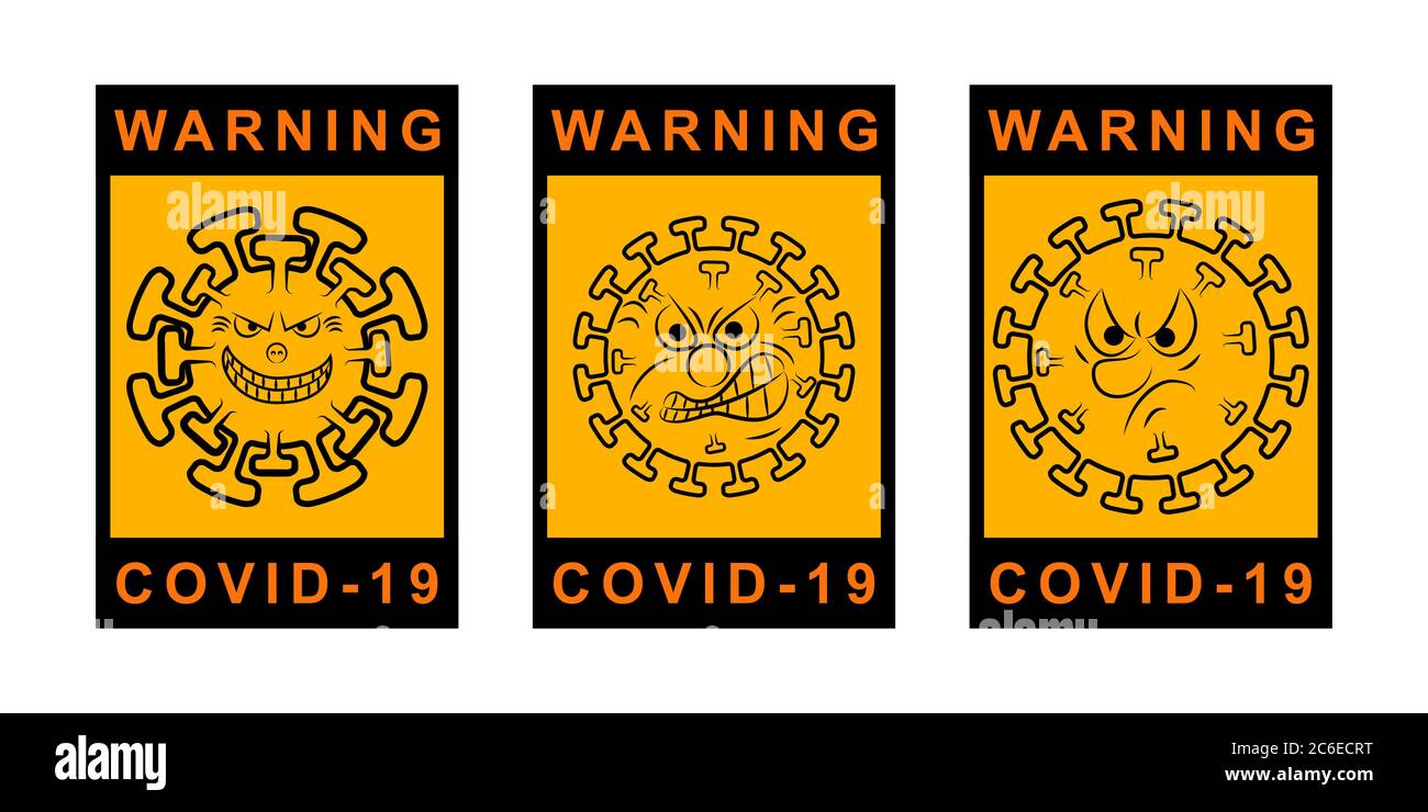 Set of Caution Pandemic stop Novel Coronavirus outbreak covid 19 template for designs. Warning and quarantine. Protect and attention cartoon icon. Loc Stock Vector