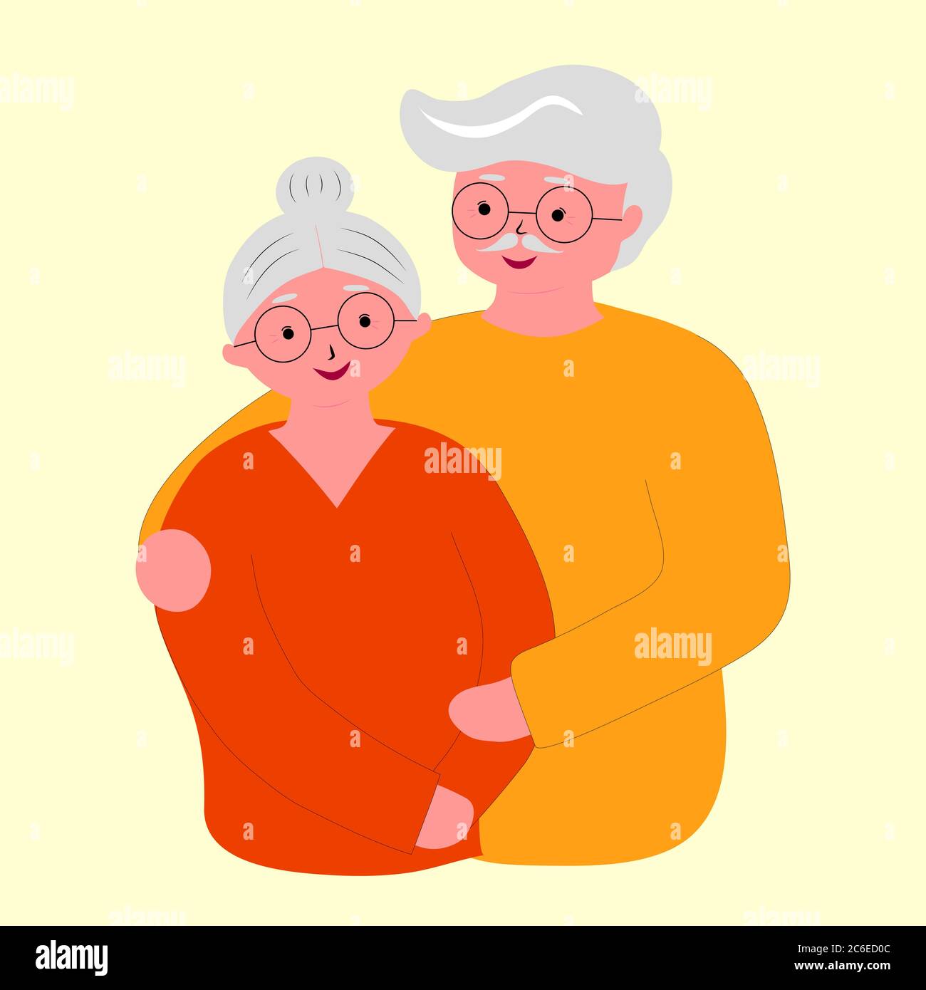 A happy elderly couple, senior citizen health plan, standing embraced together holding their hands. Medical insurance plan. Stock Vector
