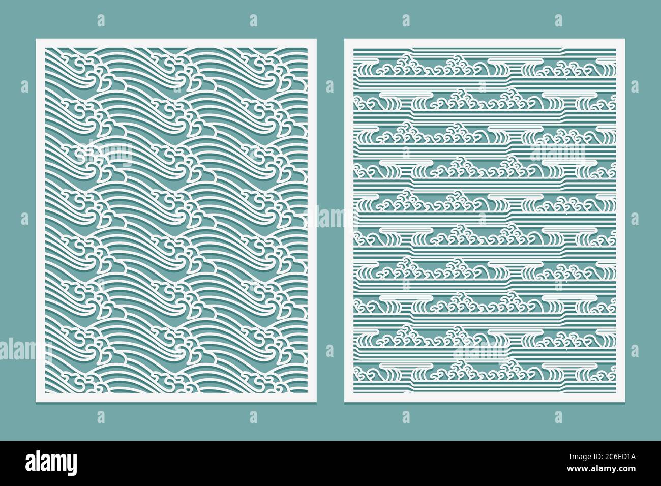 Laser cut templates patterns. Rivers waves Oriental style scenery Metal cutting or wood carving, panel design, stencil for fretwork, paper art, card b Stock Vector