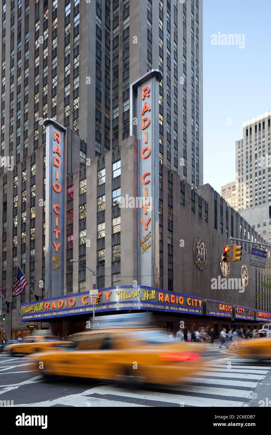 Manhattan, New York City, New York, United States - Neon signs of Radio City Music Hall. Stock Photo