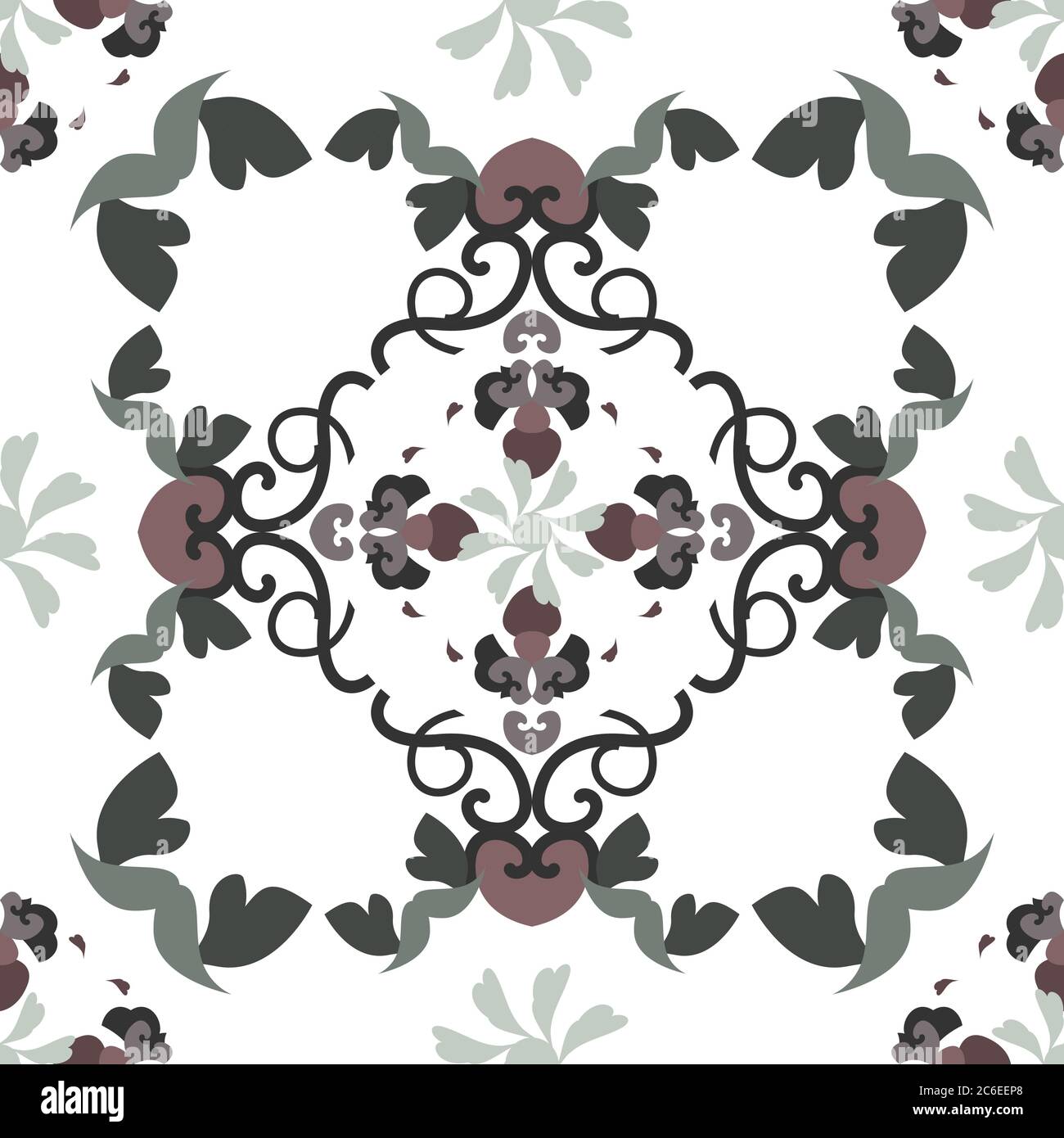 Seamless pattern with hearts, spirals and birds. Colors white, green, dark red and dark grey. Vector. Stock Vector