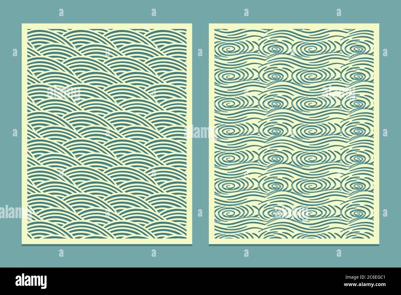 Set template for cutting Patterns marine waves Oriental style scenery Metal cutting or wood carving, panel design stencil for fretwork paper art card Stock Vector