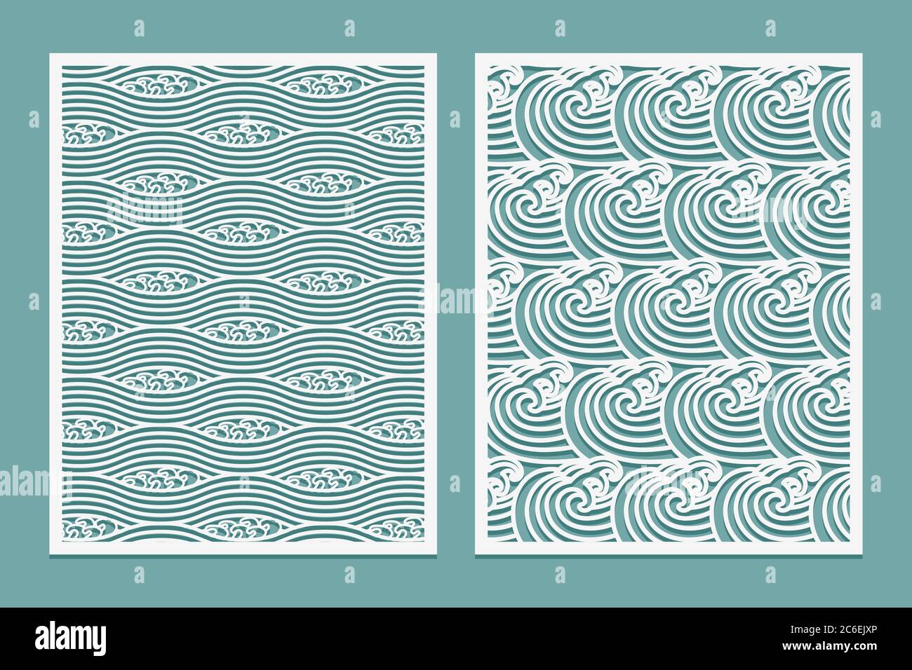 Set of Laser cut template pattern Rivers waves Asian style scenery Metal cutting or wood carving, panel design, stencil for fretwork, paper art, card Stock Vector