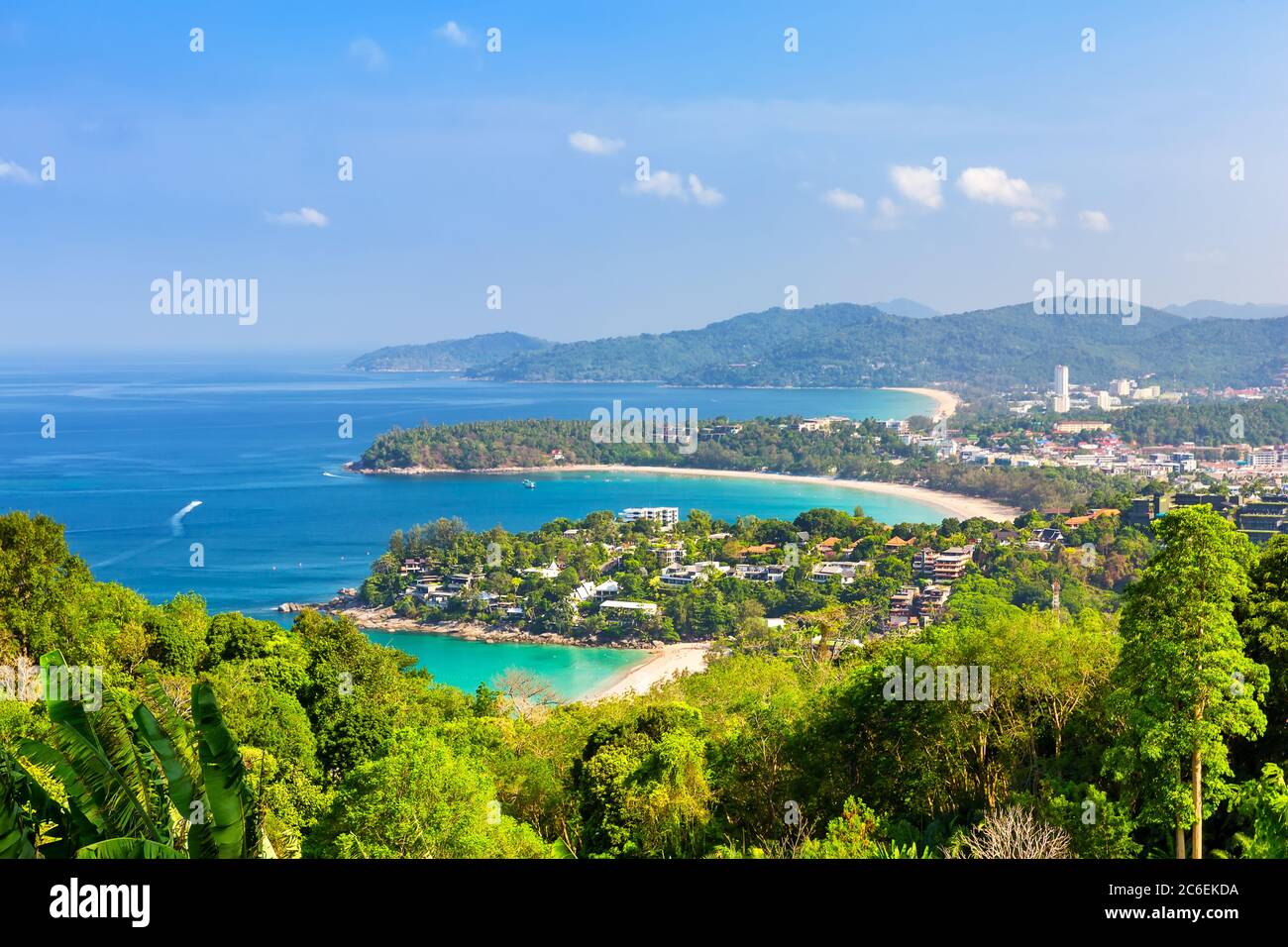 View point of Karon Beach, Kata Beach and Kata Noi in Phuket, Thailand. Beautiful turquoise sea and blue sky from high view point. Stock Photo