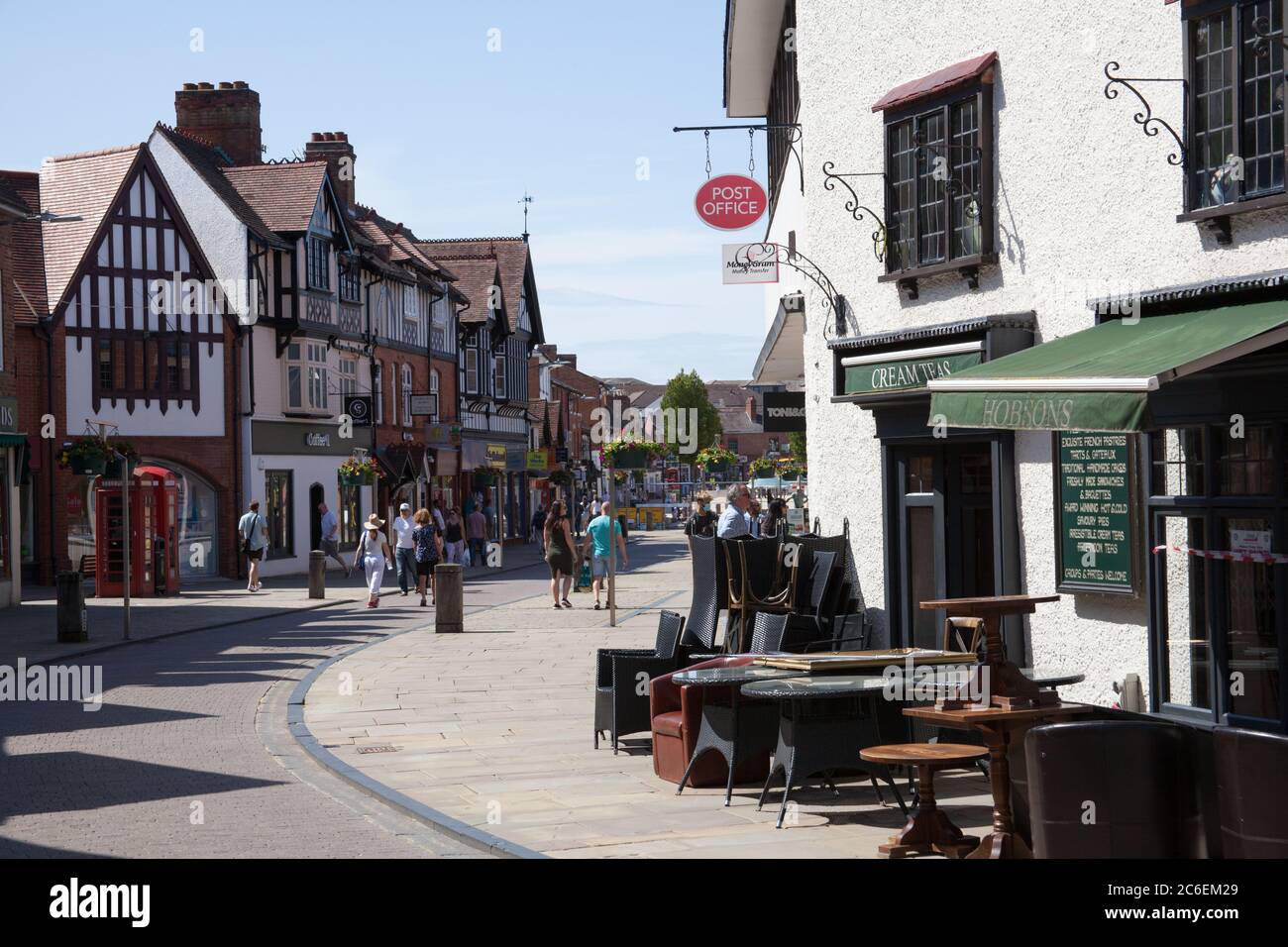 Shops and pubs on Henley Street in Stratford upon Avon in Warwickshire in the UK taken 22nd June 2020 Stock Photo