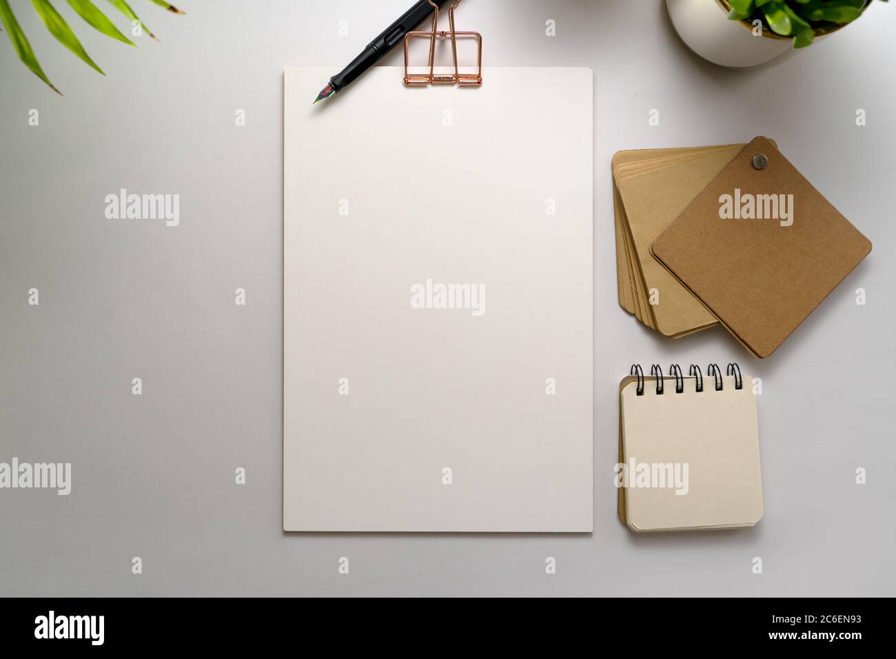 Blank corporate identity stationery set, personal branding mockup template. Sheets of paper, fountain pen and office supplies, decorated with green pl Stock Photo
