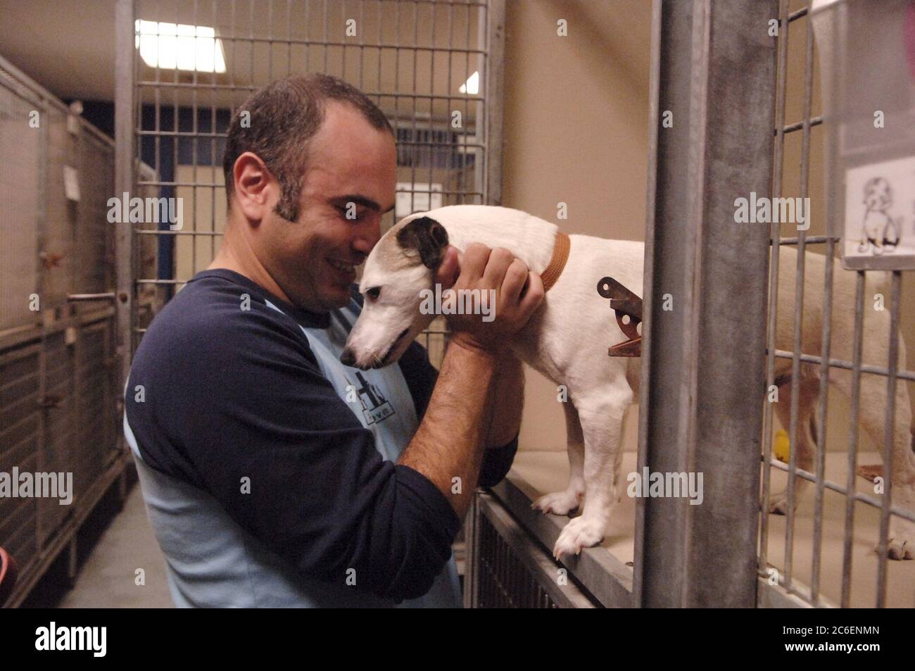 Austin, Texas September 13, 2005: Marciello Fonte of the no-kill Animal Haven pet shelter in New York City, looks over the animals at the Austin-Travis County Humane Society that will be shipped to New York to make room for more Hurricane Katrina-evacuated pets in the Texas shelter. Stock Photo