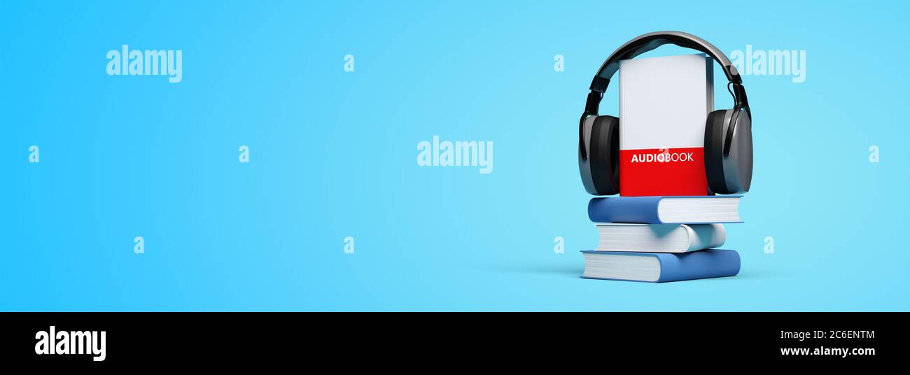 audiobook on blue background with headphone and smartphone 3D rendering Stock Photo