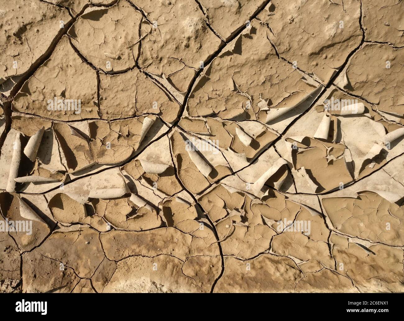 Peeling clay texture. Dry clay on a road closeup. Natural background Stock Photo