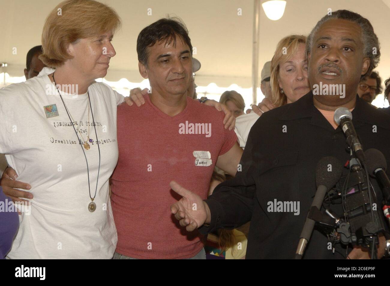 Crawford, Texas August 28, 2005:  Anti-war activistsleft to right, Cindy Sheehan, Juan Torres of Chicago, IL, and Rev. Al Sharpton of New York at Camp Casey II near the ranch of U.S. President George W. Bush ©Bob Daemmrich / Stock Photo