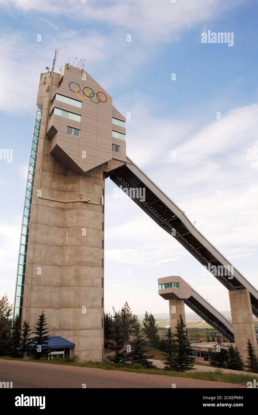 Calgary, Alberta CANADA July 27, 2005: The 90-meter ski jump platform at Canada Olympic Park in the summertime is a tourist landmark in Calgary. It was built for the 1988 Winter Olympics. ©Bob Daemmrich Stock Photo