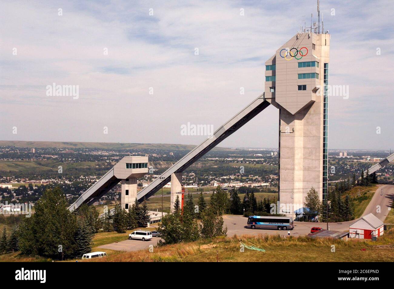 Calgary, Alberta CANADA July 27, 2005: The 90-meter ski jump platform at Canada Olympic Park in the summertime is a tourist landmark in Calgary. It was built for the 1988 Winter Olympics. ©Bob Daemmrich Stock Photo