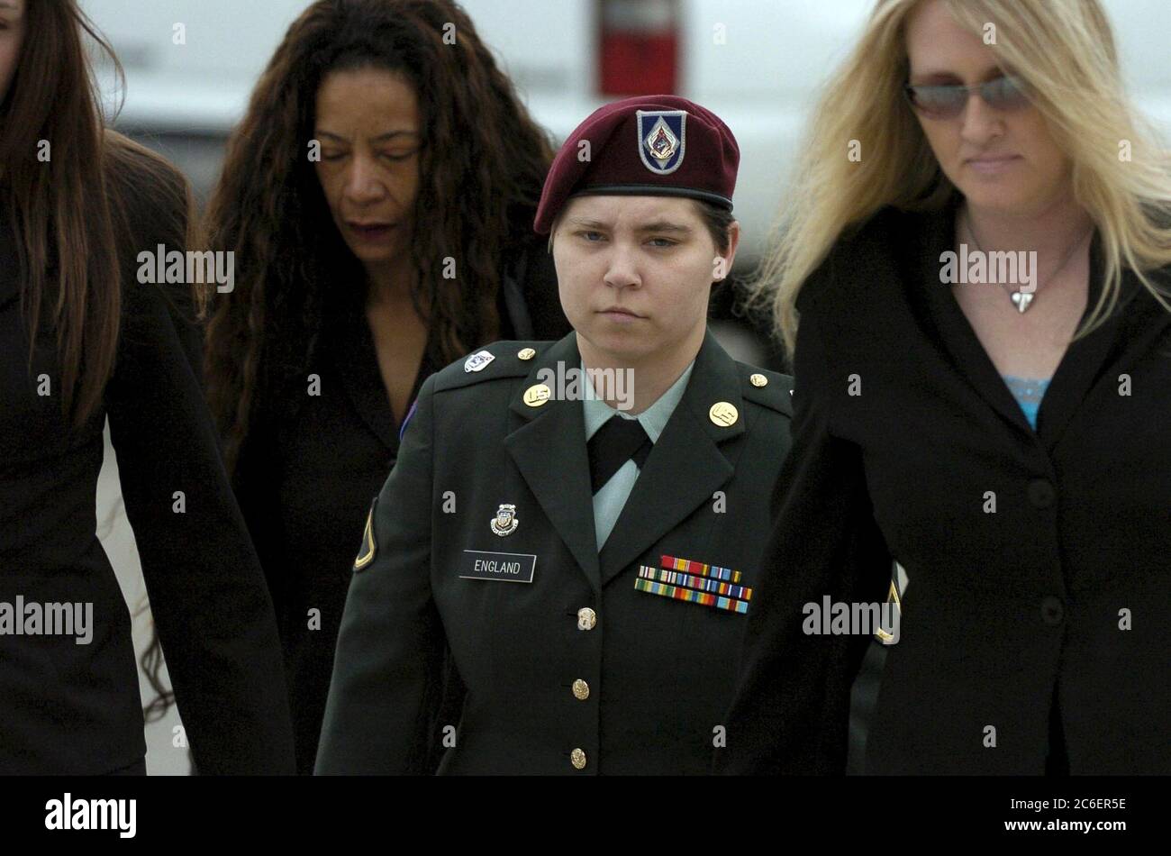 Fort Hood, Texas USA,  May 2, 2005: PFC Lynndie R. England arrives at the military courthouse at Fort Hood Army post with her attorneys for the first day of her trial in the Abu Ghraib prison scandal in Iraq. ©Bob Daemmrich Stock Photo