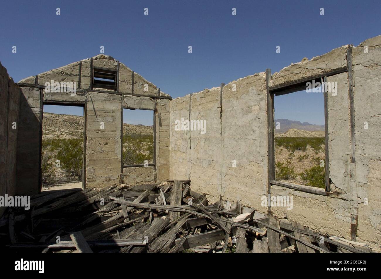 Big Bend National Park, Texas USA, March 2005: The ruins of Mariscal Mine and nearby adobe houses dot the landscape along the Glenn Springs Road where the mercury and quicksilver mine remained active until the mid-1920's before Big Bend became a national park. ©Bob Daemmrich Stock Photo