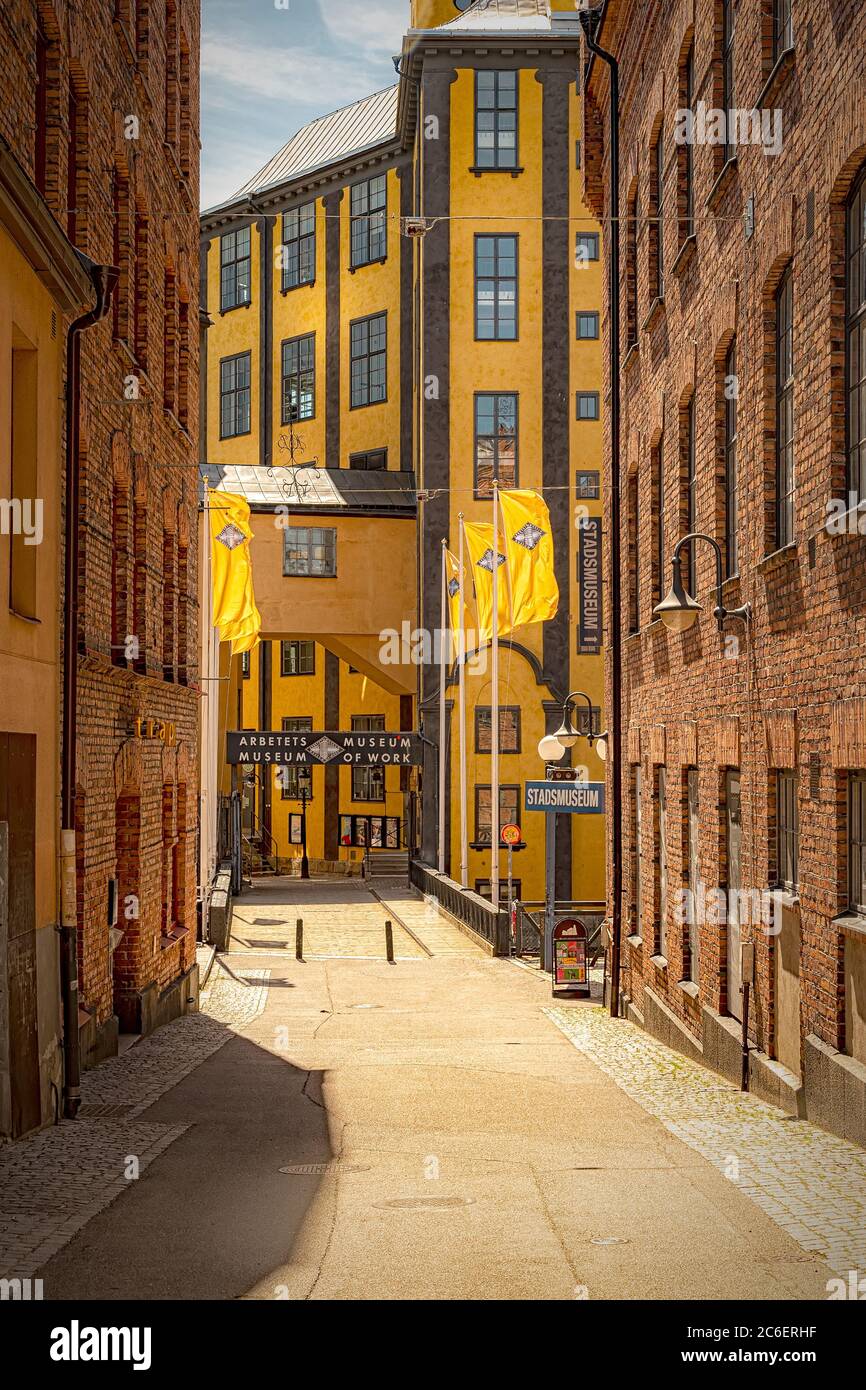 NORRKOPING, SWEDEN - JUNE 13, 2020: Street view of the old industrial area of Norrkoping where the arbetets museum is situated. Stock Photo