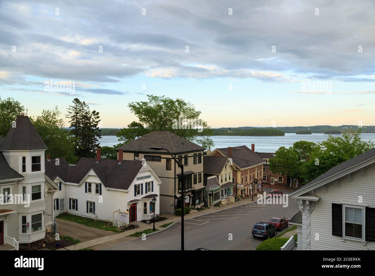 Aerial View of small New England town main street with view of ocean, Castine, Maine, USA Stock