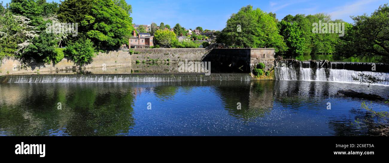 Spring view of the Belper bridge and weir, river Derwent, Belper town, Amber Valley, Derbyshire Dales, England, UK Stock Photo