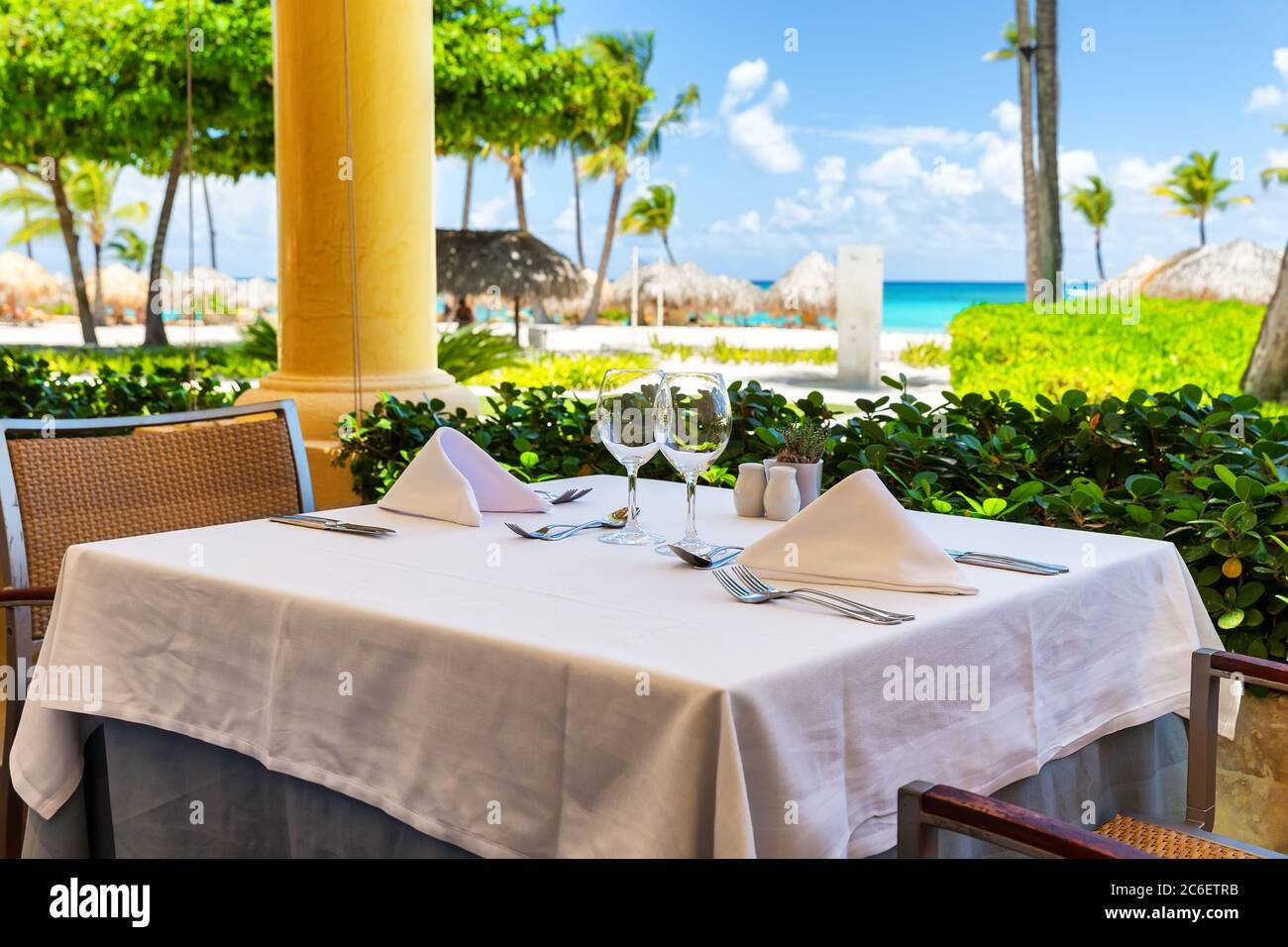 Outdoor restaurant at the white sand beach in luxery hotel in Punta