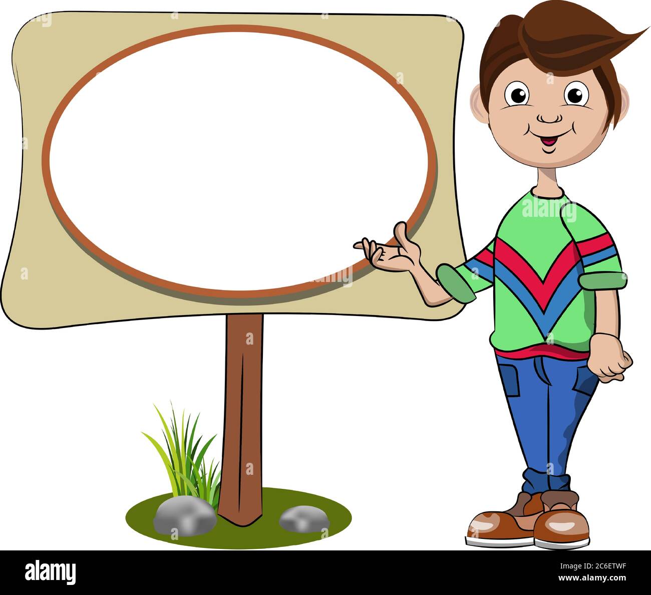 Cartoon guy points to an empty banner poster for sign or announce. Vector illustration for announces isolated on white. Stock Vector