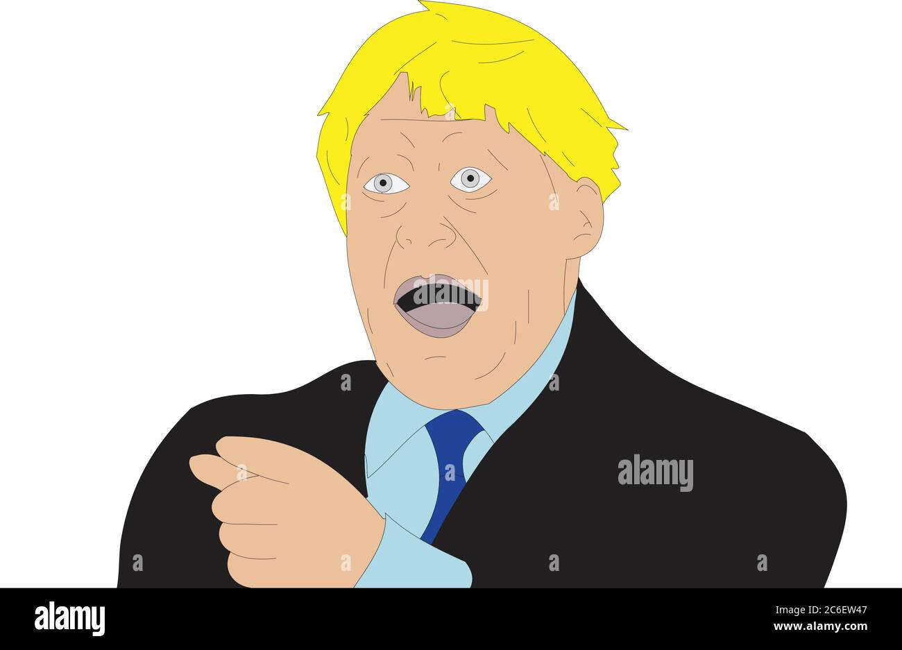 Illustration of Boris Johnson, Prime Minister, Pointing in disbelief, caught out reporter Stock Vector