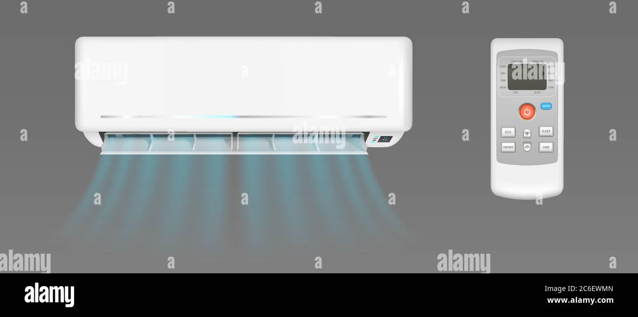 Air conditioner with cold wind flows and remote control. Vector realistic mockup of split system for climate control in home room or office. White aircon isolated on gray background Stock Vector