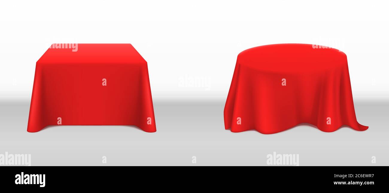 Red tablecloth on square and round tables. Vector realistic mockup of