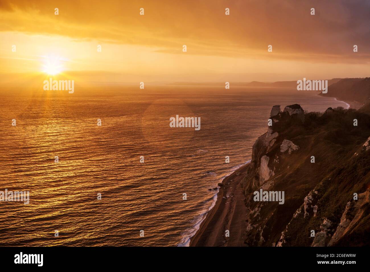 Sunset at Hooken Landslip on the Jurassic Coast, Devon, England Stock Photo
